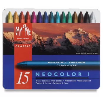 Caran d'Ache Neocolor I vaxkritor, 15 olika färger, runda, pappershylsa, metallburk 7000.315