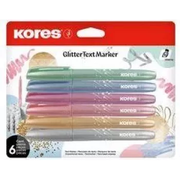 Kores glitter överstrykningspennset, kilspets 3-5 mm, 6 lysande glitterfärger, vattenbaserad, snabbtorkande, vattenfast, ventilerad kapsyl, giftfri TM36300