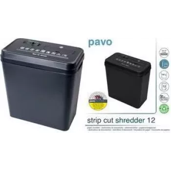PAVO strimleskande dokumentförstörare 12 ark, 6 mm strimlor, 220 mm inmatning, 18 L behållare, svart (8000784)