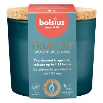 BOLSIUS True Joy doftljus i glas med korklock - Woody Wellness, Ø66x83 mm