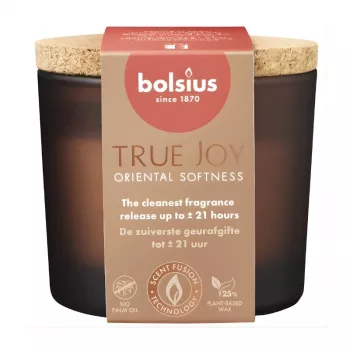 Bolsius True Joy Oriental Softness doftljus i glas med korklock, Ø66x83 mm