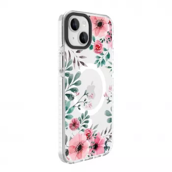 Evelatus iPhone 15 Plus genomskinligt MagSafe-skal med blommönster