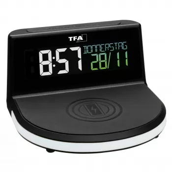 TFA Dostmann 60.2028.01 digital väckarklocka med laddstation för trådlös laddning CHARGE