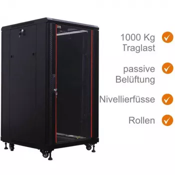 IT-BUDGET 19 inch nätverksskåp SRK – 27U – 600x800 mm – glas-/ståldörr – monterat – svart 99ITB19SRK2768GSNM