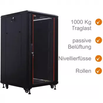 IT-BUDGET 19 inch nätverksskåp SRK – 27U – 600x800 mm – glas-/ståldörr – monterat – svart 99ITB19SRK2768GSNM
