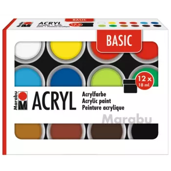 Marabu BASIC akrylfärgsset, 12 x 18 ml, hög pigmentering, mycket hög ljusbeständighet 1210000000214
