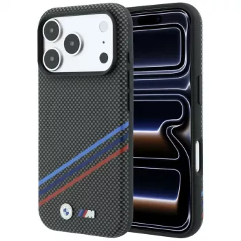 BMW M Quadrille Kevlar Print Tricolor Lines & Metal Logo MagSafe-skal för iPhone 18 Pro / 17 Pro, antracit