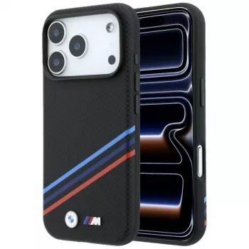BMW M Quadrille Kevlar Print Tricolor Lines & Metal Logo MagSafe-skal för iPhone 18 Pro Max / 17 Pro Max, svart
