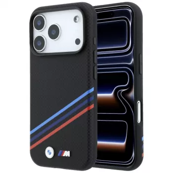 BMW M Quadrille Kevlar Print Tricolor Lines & Metal Logo MagSafe-skal för iPhone 18 Pro / 17 Pro, svart