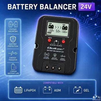 Qoltec spänningsutjämnare 24V för 2 x 12V-batterier | 5A | AGM GEL LiFePO4 | LCD