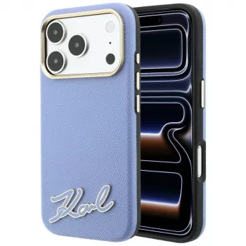 Karl Lagerfeld KF003170 Grained med Resin Signature Logo MagSafe-skal för iPhone 18 Pro Max / 17 Pro Max, ljusblå