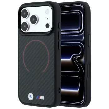 BMW M Kevlar Red Print Ring Metal Logo MagSafe-skal för iPhone 18 Pro Max / 17 Pro Max, svart