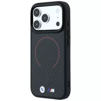 BMW M Kevlar Red Print Ring Metal Logo MagSafe-skal för iPhone 18 Pro Max / 17 Pro Max, svart