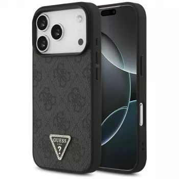 Guess Leather 4G Triangle Strass MagSafe-skal för iPhone 18 Pro / 17 Pro, svart