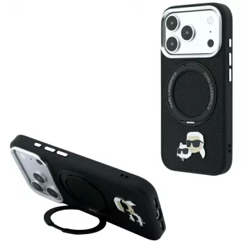Karl Lagerfeld Ring Stand 360 Karl & Choupette Heads Pin skal med MagSafe för iPhone 18 Pro / 17 Pro, svart