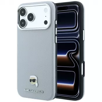 Karl Lagerfeld Grained Karl Head Metal skal med MagSafe för iPhone 18 Pro / 17 Pro, grå
