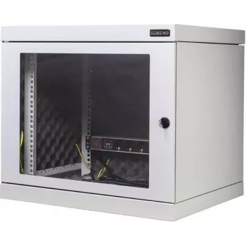 Silence Rack 99SRWV124GG ljuddämpat 19 inch väggnätverksskåp, 12 HE, 450 mm djup, glasdörr, 1 SILENT-fläkt, ljusgrå
