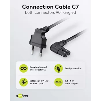 Goobay CEE 7/16 typ C – C7 strömkabel, vinklade kontakter, 1,5 m, svart