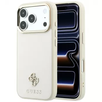 Guess GUE005532 skal för iPhone 18 Pro / 17 Pro, Saffiano Small 4G & Classic Logo, MagSafe, beige