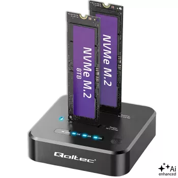 Qoltec 52633 M.2 NVMe SSD-dockningsstation, PCIe, 2 x 8TB, USB-C 3.2, 10 Gb/s, offline-kloning