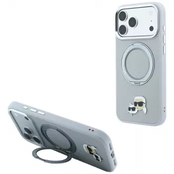 Karl Lagerfeld KF003229 skal med 360-ringstativ Karl & Choupette Heads Pin MagSafe för iPhone 18 Pro / 17 Pro, grå