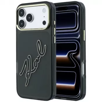 Karl Lagerfeld KF003382 IML Big Signature Resin Metal Frame skal för iPhone 18 Pro Max / 17 Pro Max, svart