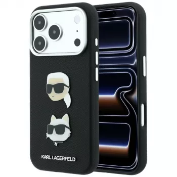 Karl Lagerfeld KF003249 Saffiano with Karl & Choupette Heads Pins & Logo skal för iPhone 18 Pro / 17 Pro, svart
