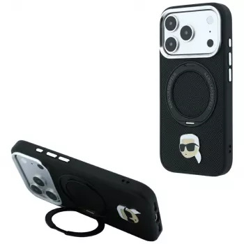 Karl Lagerfeld MagSafe skal med ringstöd 360 och Karl Head Pin för iPhone 18 Pro / 17 Pro, svart