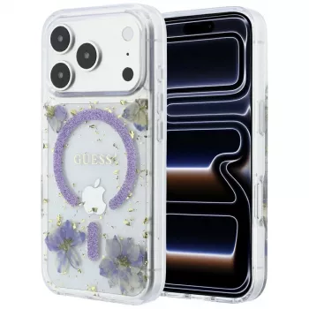 Guess Resin Flowers Glitter MagSafe-skal för iPhone 18 Pro Max / 17 Pro Max, violett