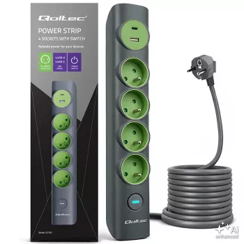 Qoltec 52762 grenuttag med belyst strömbrytare, 4 jordade uttag, 1 x USB-C 15 W, 1 x USB 12 W, 1,8 m