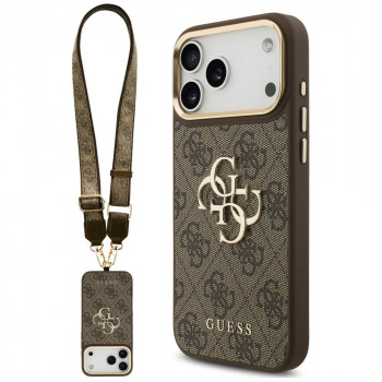 Guess 4G Big 4G Classic Logo Big Strap Metal Buttons skal med rem för Apple iPhone 18 Pro / 17 Pro, brun