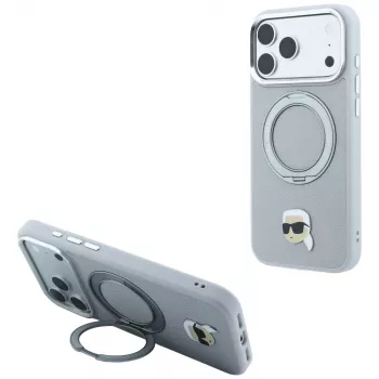 Karl Lagerfeld med Ring Stand 360 Karl Head Pin MagSafe-skal till Apple iPhone 18 Pro / 17 Pro, grå (KF003235)