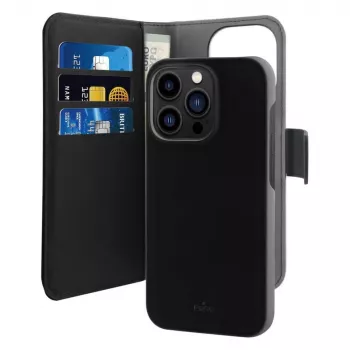 Puro Wallet Detachable MagSafe 2in1 skal i PU-läder med lock och plånboksfack för iPhone 14 Pro Max, svart