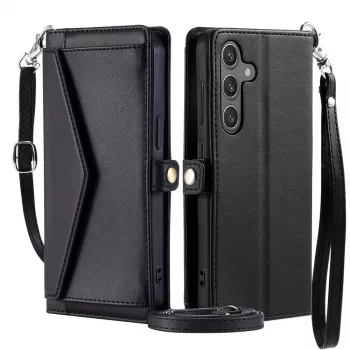 Hurtel Samsung Galaxy A56 5G plånboksfodral i PU-läder med stativfunktion och band, svart