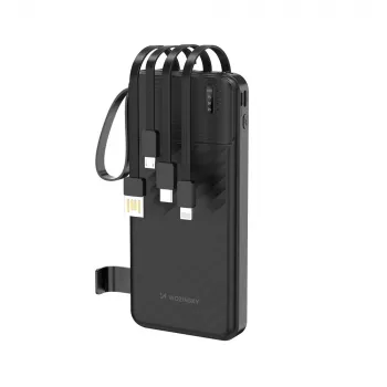 Wozinsky W11-B 10000mAh 10W powerbank med inbyggda kablar och ficklampa, svart