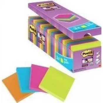 3M Post-it Super Sticky Notes 654SE24P, 76 x 76 mm, 90 blad per block, 4 färger (förpackning)